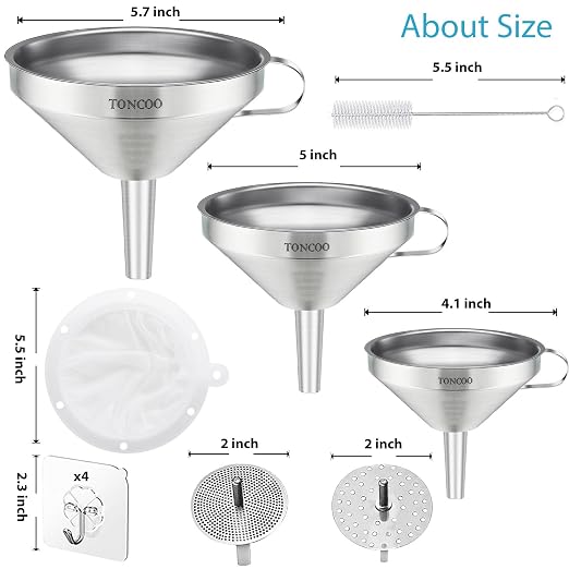 Toncoo 3 Pack Stainless Steel Funnels for Kitchen Use, Food Grade Cooking Funnel with 3 Strainer, Kitchen Funnel Set Metal Funnels for Filling Bottles
