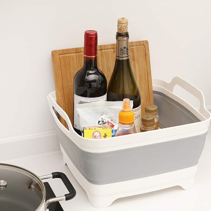 ddLUCK Dish Basin Collapsible with Drain Plug Carry Handles for 9L Large Capacity, Washing Basin, Collapsible Dish Tub for RV Sink, Vegetable, Fruit, Food Sink Strainer Dish Washing Tub - Gray