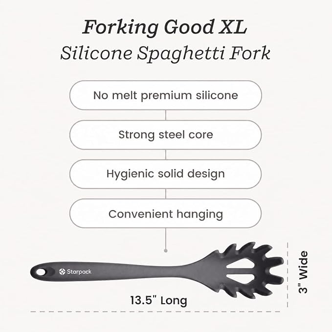 Starpack XL Premium Silicone Pasta Fork (13.5") - Spaghetti Spoon High Heat Resistant to 600°F - Silicone Pasta Spoon Strainer - Pasta Server Spoon with Teeth - Pasta Server Utensil