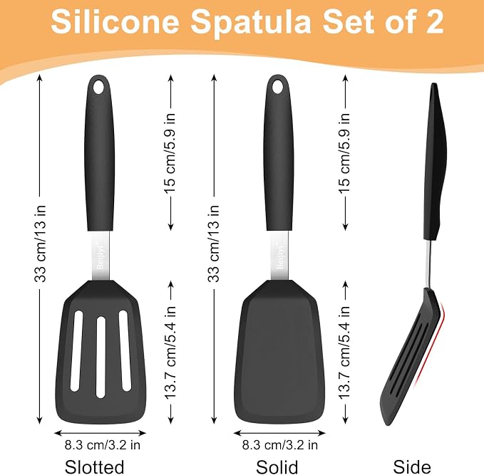 Beijiyi 2 Pack Silicone Spatula Set, Heat Resistant, for Nonstick Cookware | Flipping & Cooking, BPA Free, Flexible, Solid & Slotted Turner, Non-Toxic Kitchen Utensils, Non Scratch, Dishwasher Safe