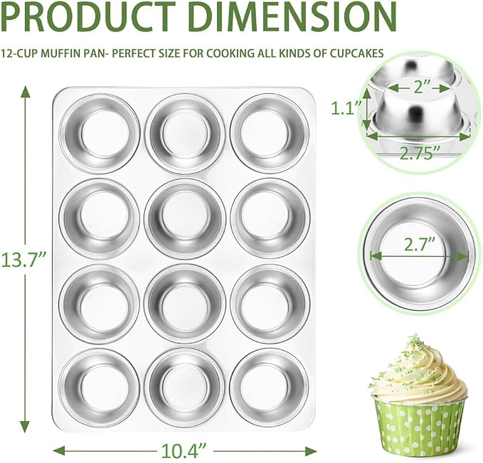 Herogo 3 Pack 12-Cup Stainless Steel Muffin Pan Tin for Making Egg Muffin Quiches, Metal Nonstick Cupcake Tray Set for Baking, Mini Brownie, Regular Size & Easy Clean, Oven & Dishwasher Safe
