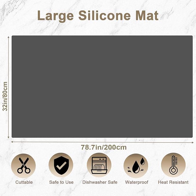 78"x32"(200cmx80cm) Large Silicone Kitchen Counter Mat, Heat Resistant Non-Slip Countertop Protector, Waterproof Multipurpose Mat for Kitchen Island, Light Gray