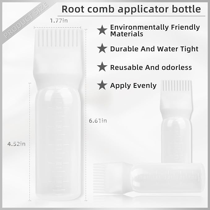 Root Comb Applicator Bottle 6 Ounce, 4 Pack Hair Oil Applicator with Root Comb Brush for Scalp Hair Oiling - White