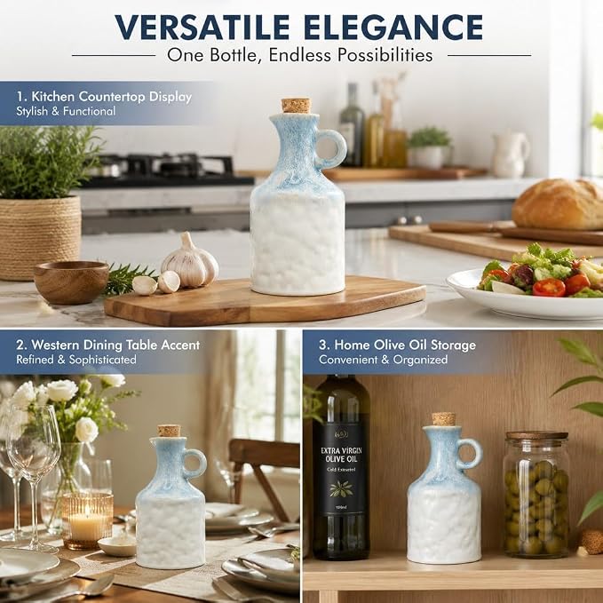 Blue White Ceramic Olive Oil Dispenser Bottle with Cork Stopper 13.5Oz | Reactive Glaze Texture Oil Bottle, Leak Proof Small Spout,Great for Storing Vinegar, Wine, Soy Sauce, Lemon Juice