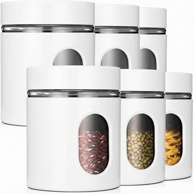 6 Pack Kitchen Canisters Set Airtight Coffee Sugar Tea Storage Jars with Window Glass Stainless Steel Containers with Lids for Flour Cookies Spices Grains Kitchen Decorations(White,20 oz)