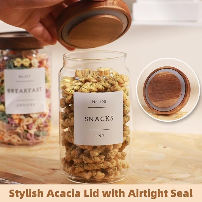 6 Pack Glass Canisters with Airtight Acacia Lids and 132 Kitchen Pantey Labels Preprint - 24 Fl Oz Borosilicate Glass Pantry Storage Jars Containers with Wooden Lids for Tea,Sugar,Cookie,Coffee,Candy