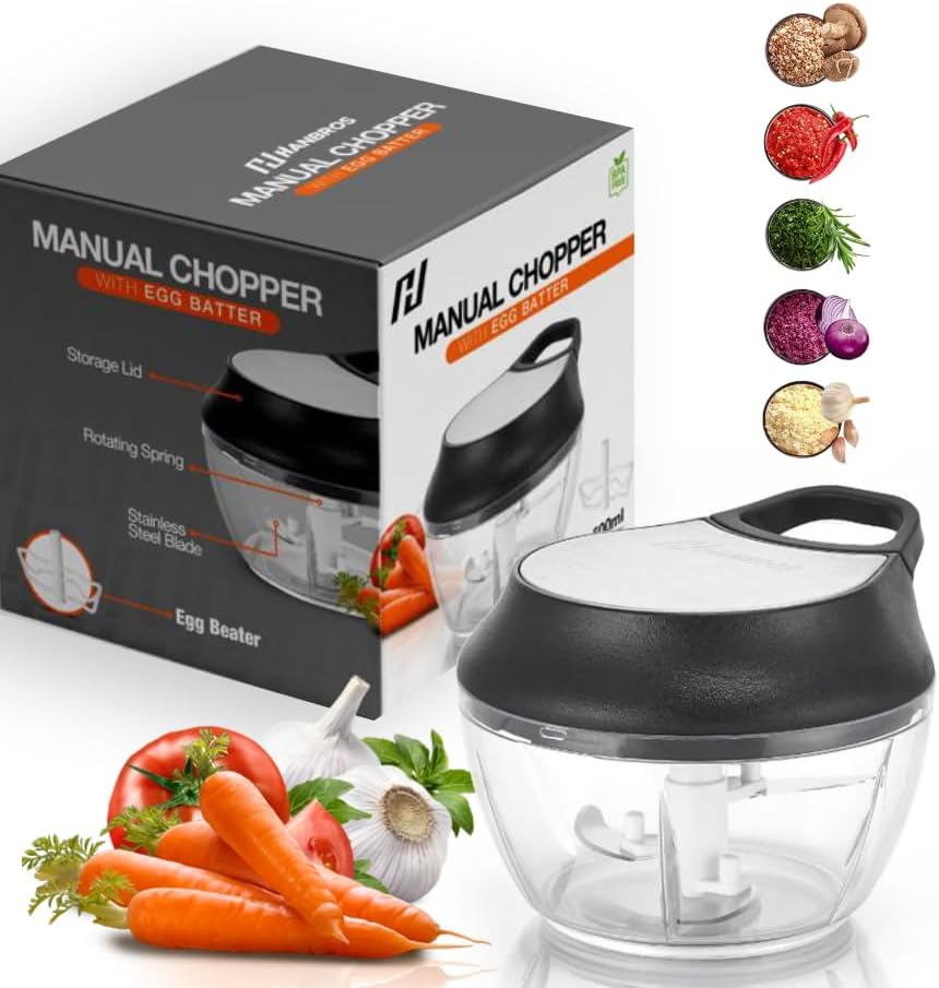 Manual Food Processor Vegetable Chopper, Portable Hand Pull String Garlic Mincer Onion Cutter for Veggies, Ginger, Fruits, Nuts, Herbs, etc., 2 Cup With Egg Batter and Garlic Peeler, W1031-1