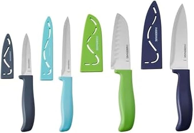 Farberware Chef Knife Set with Colorful Handles, Stainless Steel Blades with Blade Covers Included, Versatile Kitchen Knives, 4-Piece