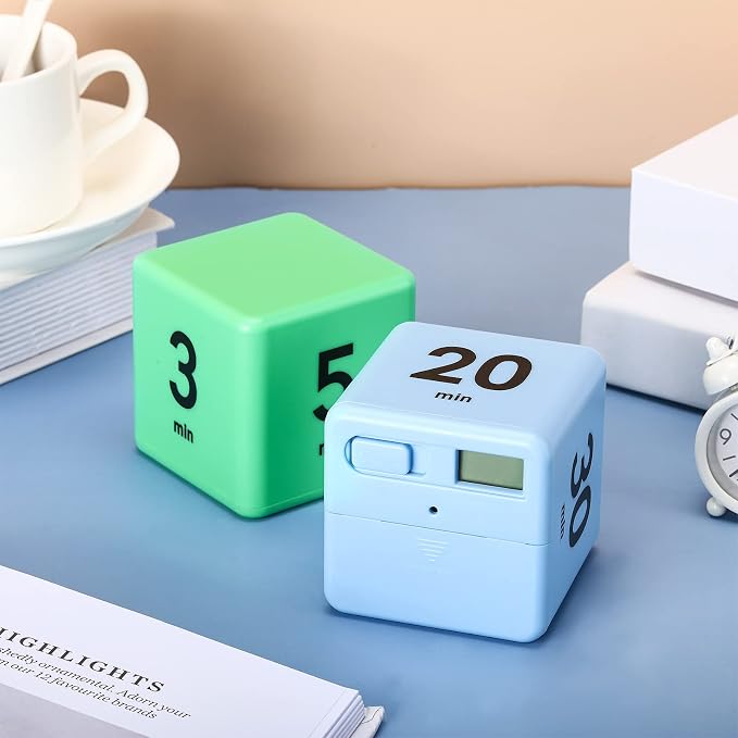 Weewooday 2 Pieces Cube Productivity Timer Flip Gravity Sensor Flip Countdown Countup Workout Timer Management 1 3 5 10 Minutes and 15 20 30 60 Minutes for Back to School Work Kitchen(Green, Blue)