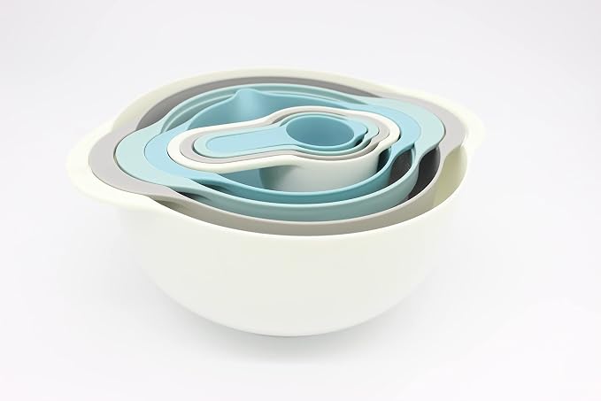 Plastic Nesting Bowls Set, 8 Pieces | 2 Mixing Bowls, Colanders, 4 Measuring Cups, Sifter for Baking, Food Prep, RV Camping Accessories