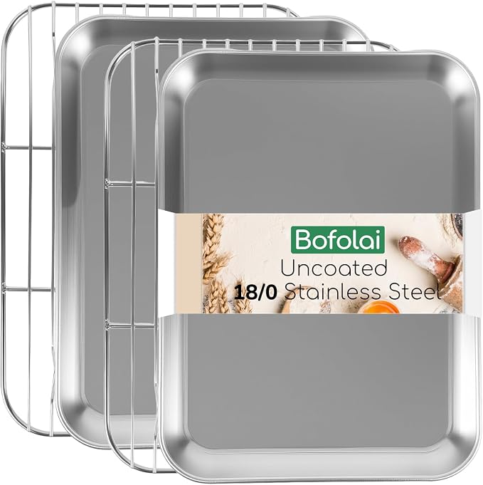 18/0 Stainless Steel Baking Sheet with Cooling Rack, Oven-Safe Non-Toxic Cookie Sheets for Baking, Set of 4, Coating Free & Rust Resistant for Healthy Family Baking, Easy to Clean, Heavy-Duty
