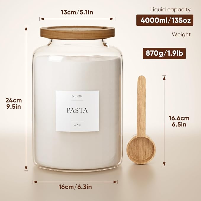 2 PCS Flour Sugar Storage Containers Glass Jar,4000ml/1 Gallon/4.2 Qt/135oz | Large Glass Food Storage Jars with Wood Airtight Lids,for Tea,Spice,Cereal Rice Flour Pasta Sugar