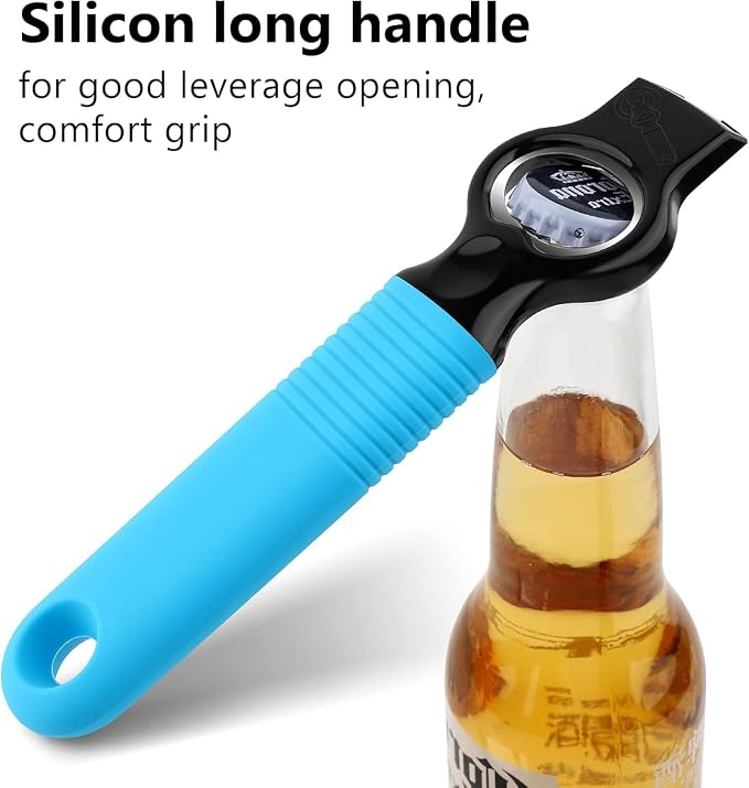 2-Pack Magnetic 2-in-1 Beer Bottle Cap & Soda Can Opener-Blue | Soft Silicone Handle with Built-in Magnet Sticks to Fridges / Easy Can Tab Opener for Bartenders, Seniors, and Long nails