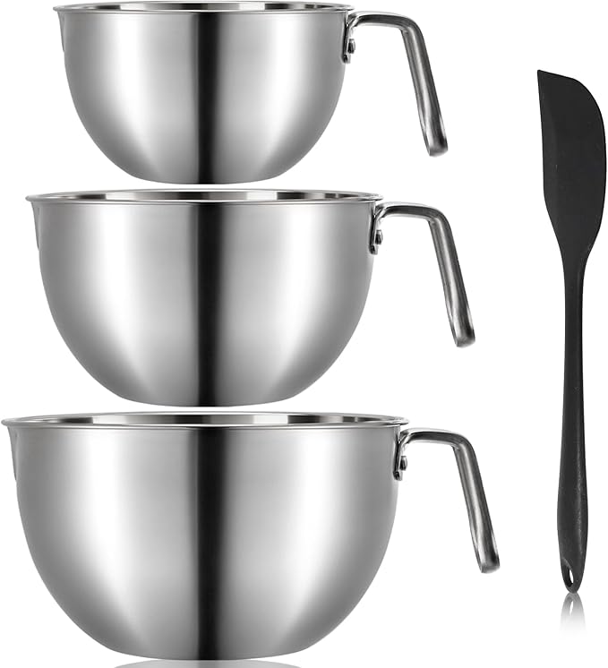 3 Pieces 304 Stainless Steel Mixing Bowls, 1.3/2.1/2.6 Quart Mixing Bowl Set with Handle, Pour Spouts & Measurement Marks, Metal Nesting Bowls with Silicone Spatula for Baking Cooking