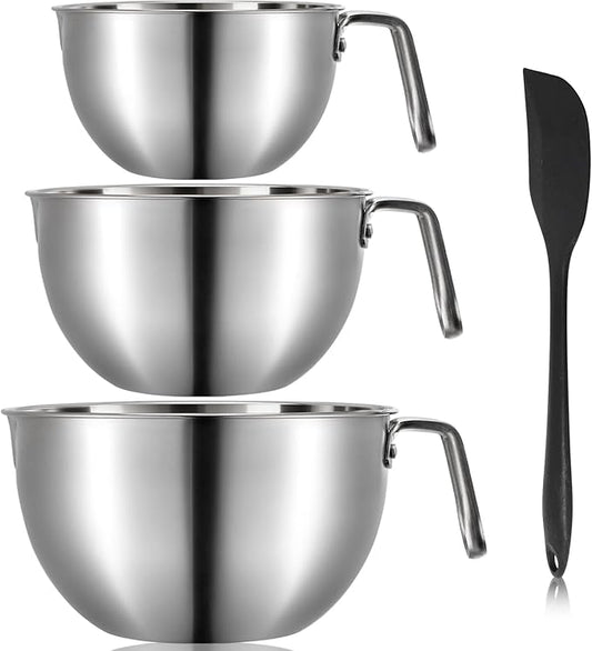 3 Pieces 304 Stainless Steel Mixing Bowls, 1.3/2.1/2.6 Quart Mixing Bowl Set with Handle, Pour Spouts & Measurement Marks, Metal Nesting Bowls with Silicone Spatula for Baking Cooking
