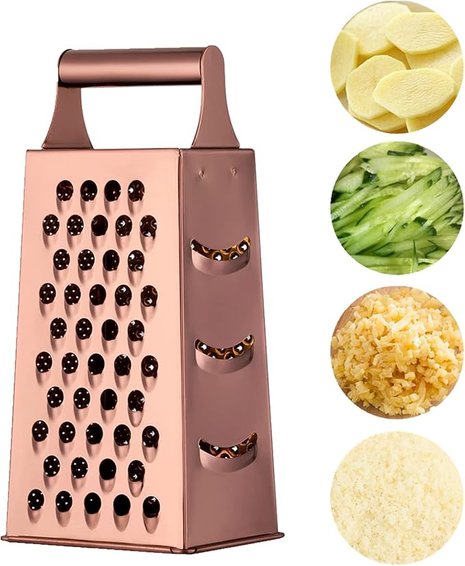 Buyer Star Handheld Cheese Grater Box for Kitchen Stainless Steel Cheese Grater with Handle for Grinding Shredding & Slicing, 4 Sided Metal Food Shredder Cheese Slicer, Dishwasher Safe, Rose Gold