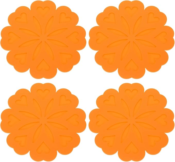uxcell 4Pcs Silicone Trivet Mats, Flower Pattern Silicone Pad Hot Pad Pan Protectors Table Protector Heat Resistant Mat for Countertop, Hot Dishes, Hot Pots and Pans, Orange