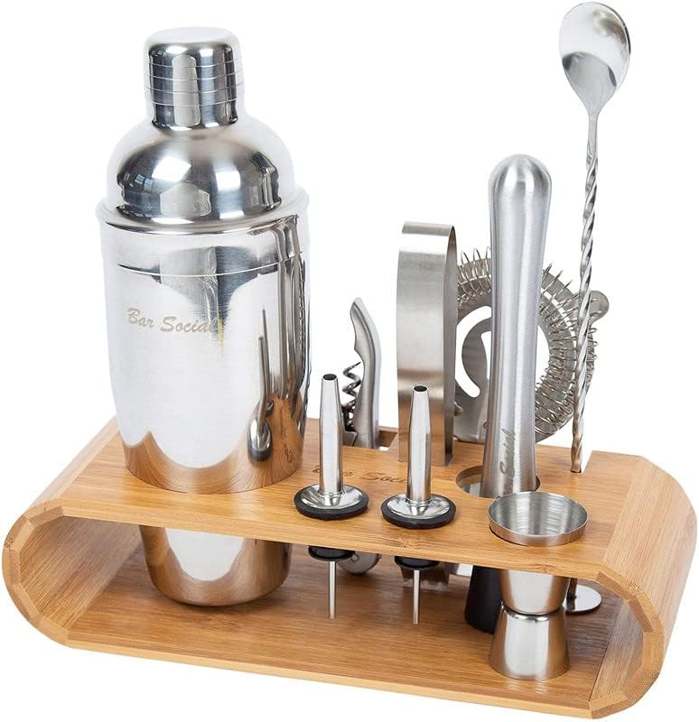 Professional Bartender Cocktail Kit - Bartender Accessories Tools for Drinks - Set of 10 Bar Mixer Set - Complete Cocktail Mixing Set with Natural Bamboo Stand - Drink Making Kit