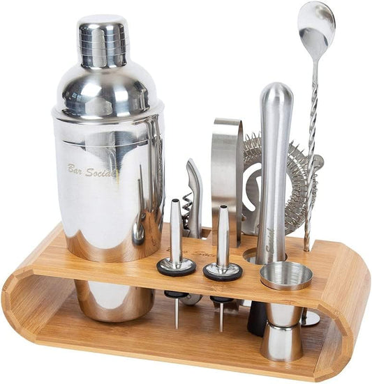 Professional Bartender Cocktail Kit - Bartender Accessories Tools for Drinks - Set of 10 Bar Mixer Set - Complete Cocktail Mixing Set with Natural Bamboo Stand - Drink Making Kit