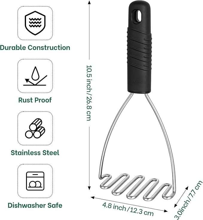 Beneno Thickened Reinforced Stainless Steel Wire Potato Masher, Ergonomic Non-Slip Grip Handle for Effortless Mashing, Rust-Proof & Dishwasher Safe Sturdy Kitchen Tool, Ideal Gift, Black