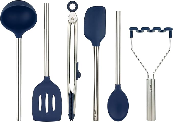 Tovolo Silicone Cooking Utensil Set of 6 Stainless Steel Handle Ladle Slotted Turner Tongs Flex Core Spatula Scraper Mixing Spoon & Potato Masher, Dishwasher Safe BPA Free Utensils, Deep Indigo