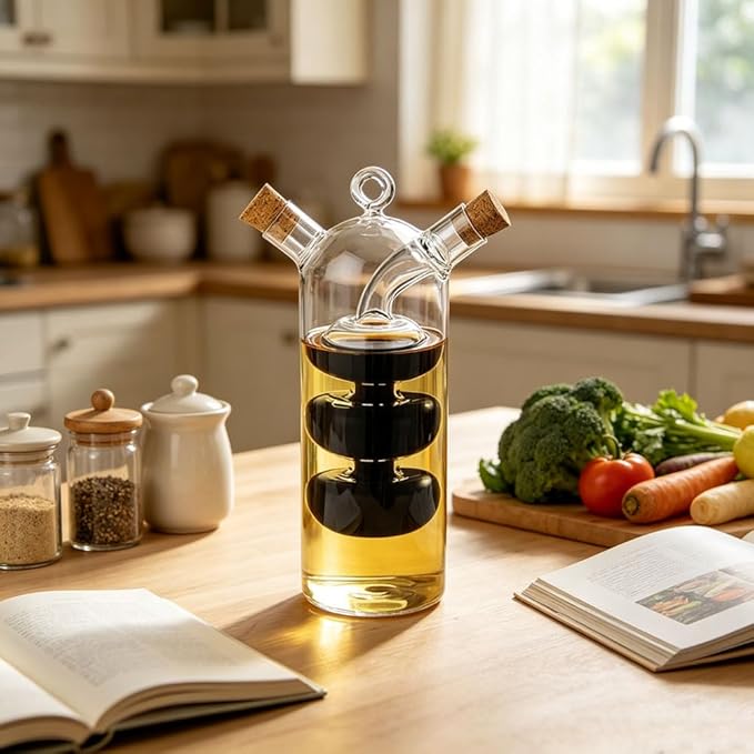 Olive Oil and Vinegar Dispenser Cruet Bottles, 2 in 1 Transparent Dual Glass for Kitchen Cooking Container