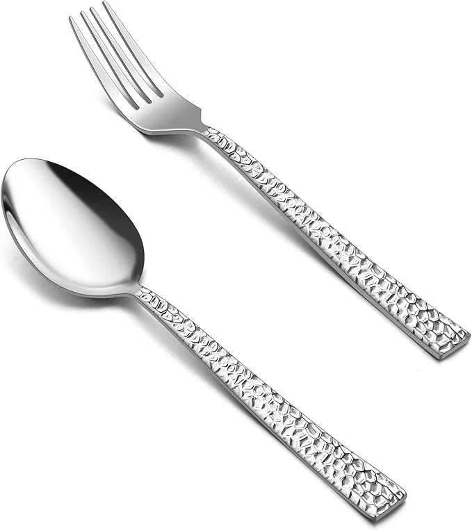 HaWare 24 Pieces Hammered Forks and Spoons Silverware set (7.9 Inches), Stainless Steel Flatware Cutlery for Home/Kitchen/Restaurant, Include 12 Dinner Forks and 12 Dinner Spoons, Dishwasher Safe