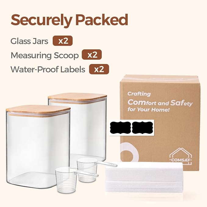 ComSaf Glass Storage Jars with Bamboo Lids 3.6 Qt 2 Pack Large Wide Mouth | Pantry Organization, Flour Sugar Coffee Beans, Pasta Cereal Dry Food, Big Capacity, Cabinet Organization, Dry Food Storage