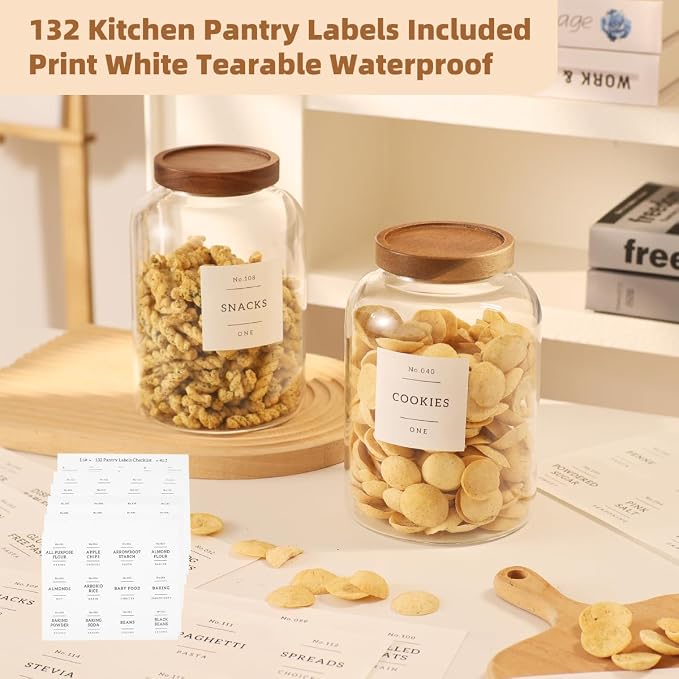 2 Pack Glass Food Storage Containers with Airtight Acacia Lids and 132 Kitchen Pantey Labels Preprint - 67 LF OZ Borosilicate Glass Canister Sets for Food,Coffee,Cookie,Tea,Candy,Sugar