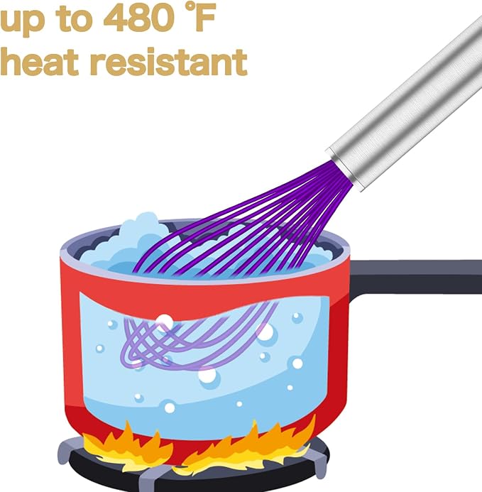 OYV Purple Silicone Whisk, Professional Whisks For Cooking Non-Scratch, Stainless Steel & Silicone Wisk, Plastic Rubber Whisk Tool For Nonstick Cookware Pans, BPA free, Silicon Wisks Set of 3