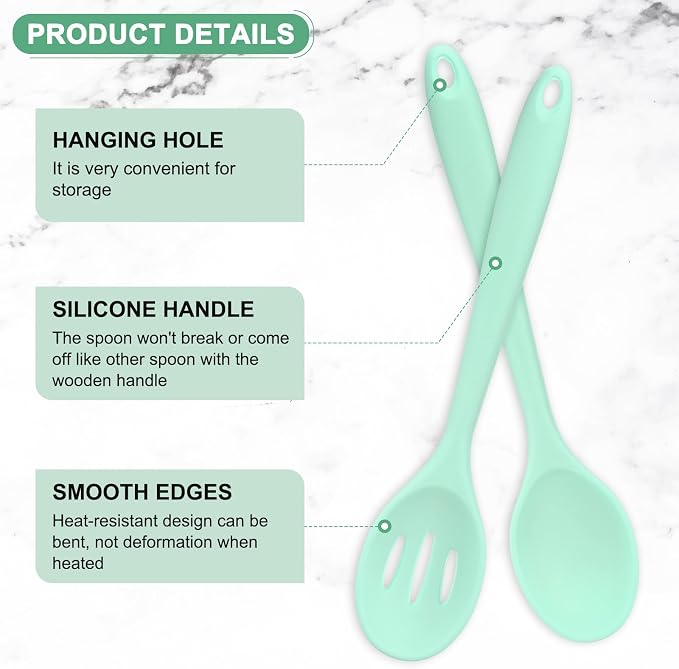 M METERXITY 2-Pack Silicone Spoons for Cooking, 10.6" Mixing Nonstick Slotted and Solid Serving Spoons Heat Resistant Utensils Spoons for Kitchen/Cooking/Baking/Stirring Mixing Tools [Green]