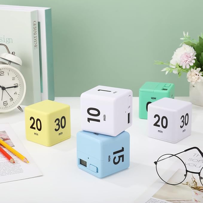 Weewooday 2 Pieces Cube Productivity Timer Flip Gravity Sensor Flip Countdown Countup Workout Timer Management 1 3 5 10 Minutes and 15 20 30 60 Minutes for Back to School Work Kitchen(White, Blue)