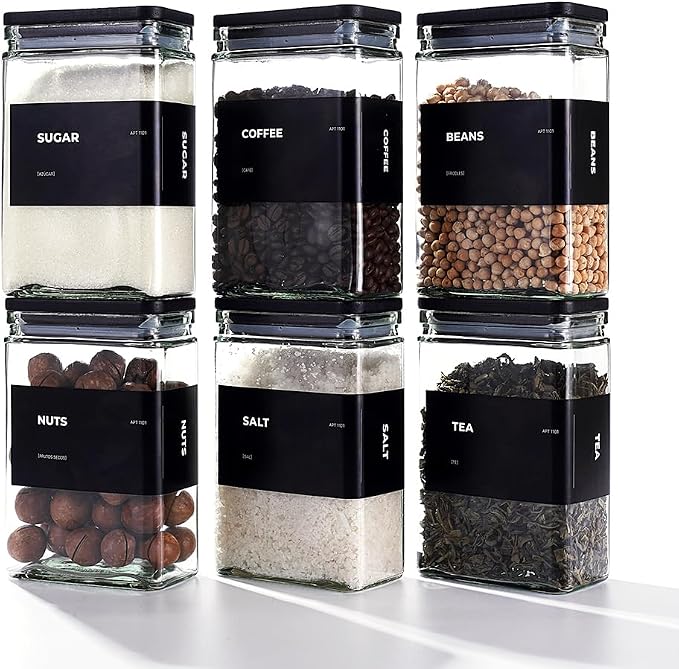 Glass Storage Jars with Bamboo Lid, glass canisters with airtight lids, Clear jars with lids for Spice, Cookie, Candy, Tea, Coffee Bean and Rice (Black, 26 oz, Set of 6)