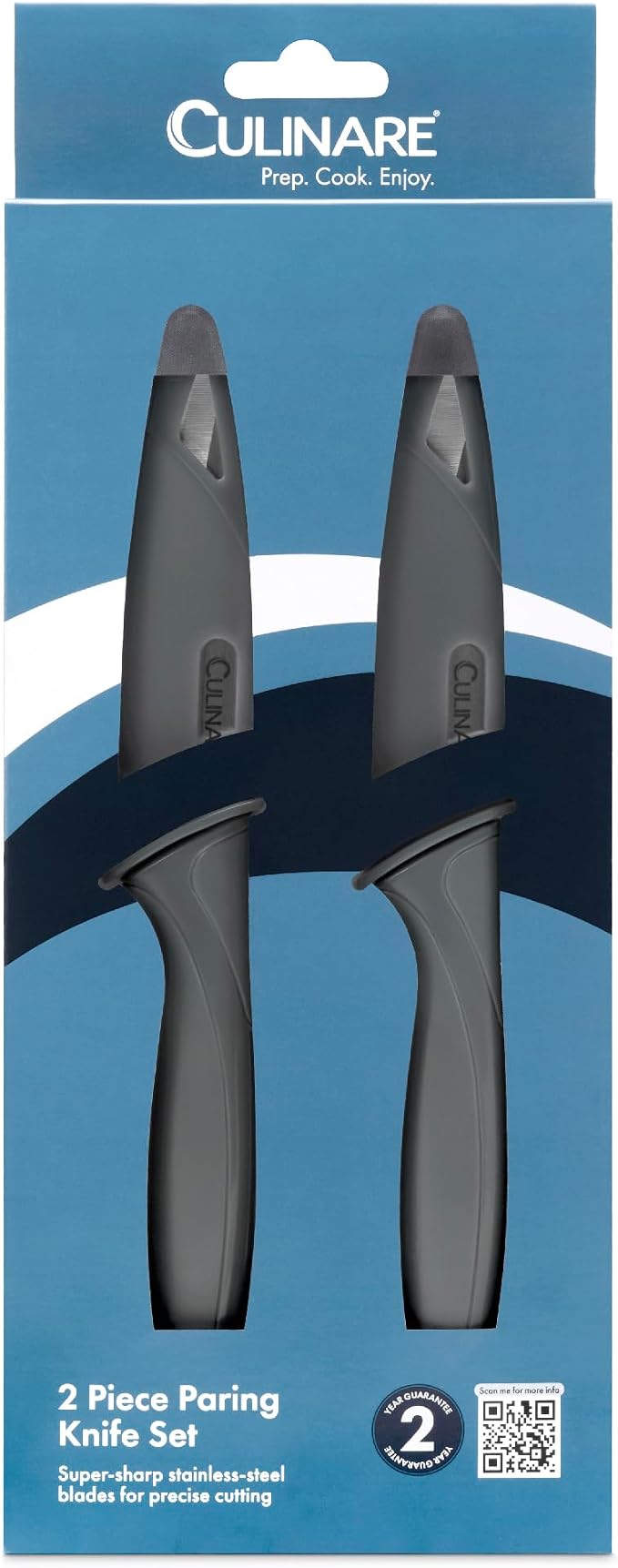 CULINARE 2 Piece Knife Set, Grey, Stainless Steel, 9cm Ultra Sharp Blades, 2 x Kitchen Knives with Protection Covers, Smooth Cutting/Firm Grip/Non-Slip Handle, Dishwasher Safe
