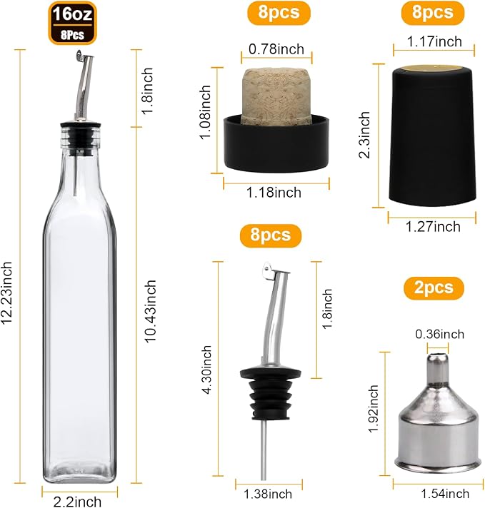 Salzesfalls 8Pcs 17oz Olive Oil Dispenser Bottle, Oil Dispenser for Kitchen | Glass Cooking Oil Dispenser, Vinegar Cruet Bottle with Pourers, Oil and Vinegar Dispenser Set with Pourers, Corks, Caps