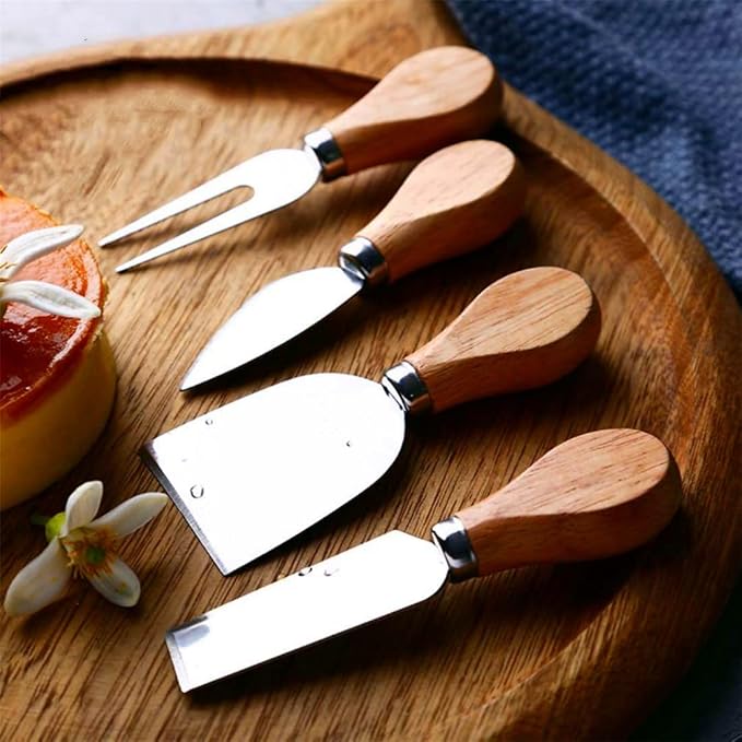 4pcs Cheese Knives Set Cheese Cutlery Steel Stainless Cheese Slicer Wood Handle Mini Knife,Butter Knife,Spatula& Fork Butter Cutter