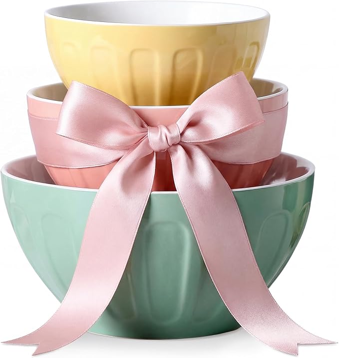 Lareina Ceramic Mixing Bowls Set of 3, Large Nesting Bowls for Serving/Baking/Prepping, Housewarming & Wedding Gift, Oven, Microwave and Dishwasher Safe 3.2/1.7/1.2 Qt, Pastel Color