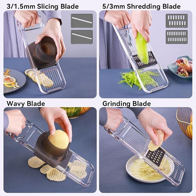 Multi-function 6 in 1 Mandoline Safe Vegetable Fruit Manual Slicer/Shredder Chopper Interchangeable Handheld Shining Transparent Exquisite Thickened Plastic Board Kitchen Prep Tool for Onion Garlic