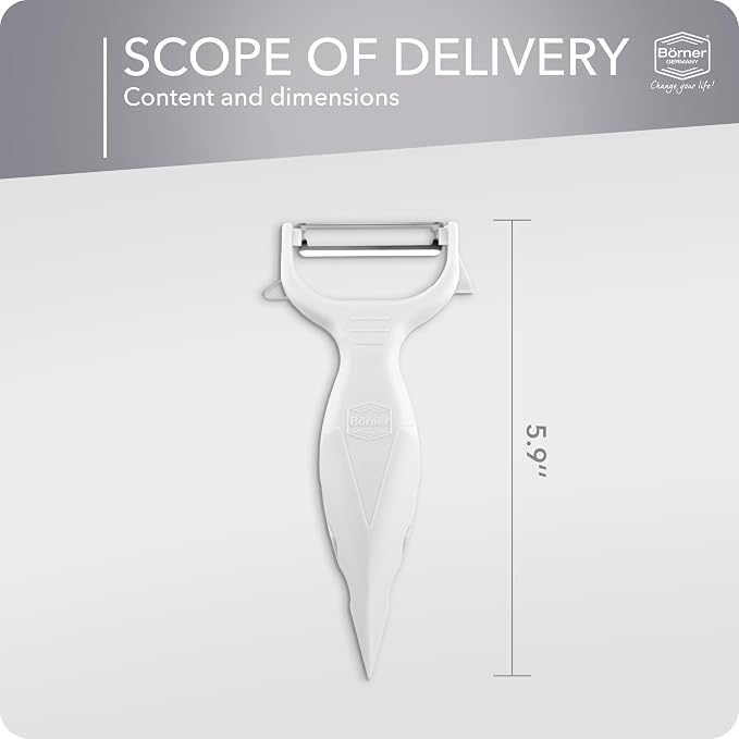 Börner Vegetable Peeler (6-in-1) • Garnishing Peeler with Grater • Multifunctional Peeler for Fruits & Vegetables • Fruit Peeler, Universal Peeler, Potato Peeler • Color: White
