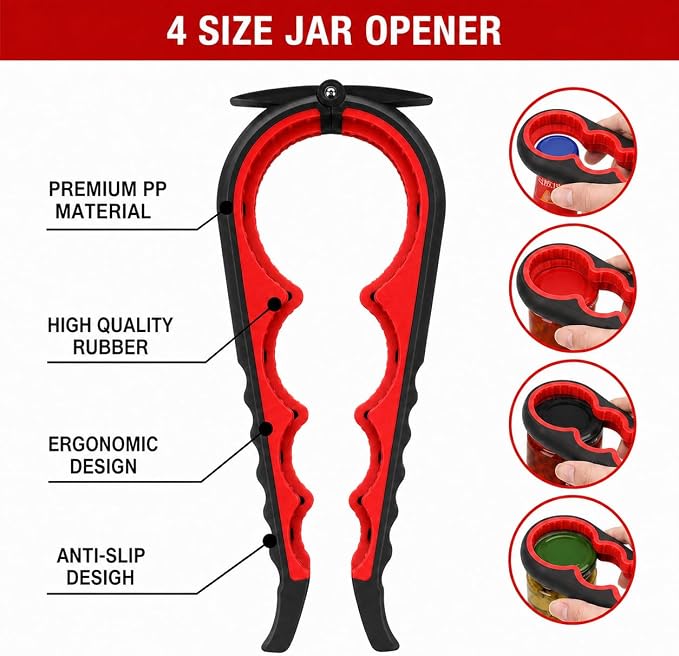 Jar Opener & Bottle Opener Set, Non Slip Lid Grip Remover, Multi Kitchen Tool for Seniors, Arthritis, Weak Hands(Red)