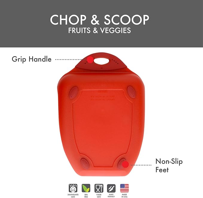 Dexas Chop & Scoop Cutting Board, 9.5 x 13 Inch, Solid Red, BPA-Free Dishwasher Safe Kitchen Prep Board with Handle
