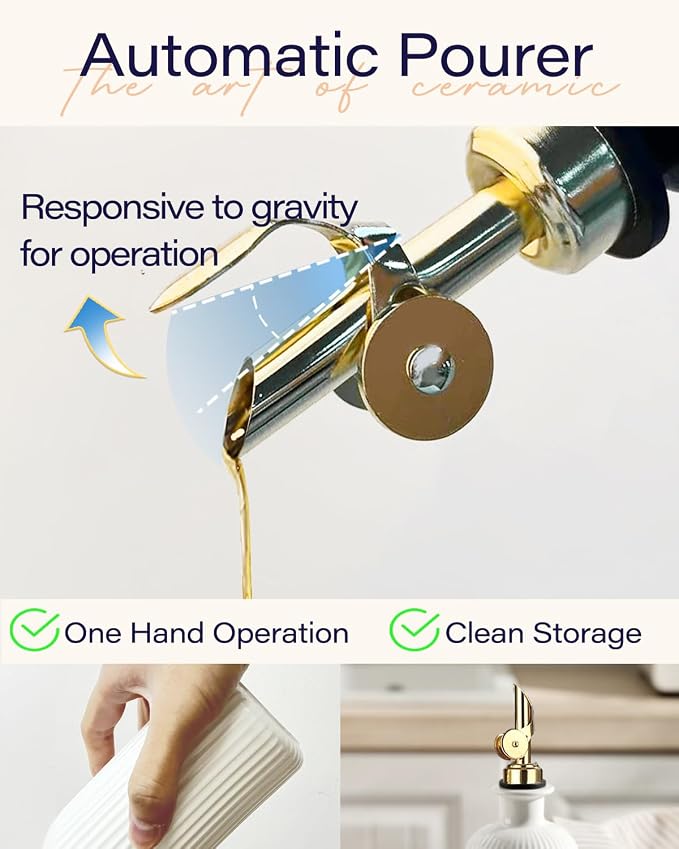 getstar 18 OZ Olive Oil Dispenser Bottle For Kithen with Golden Pourer | Ceramic, Automatic Stainless Steel Pourer, For Kitchen