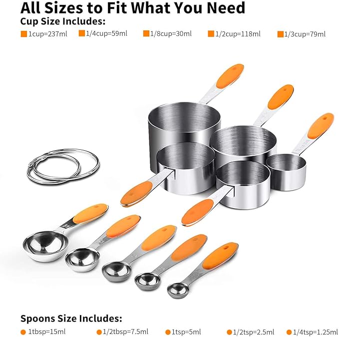 SEEK42 Measuring Spoons and Cups Set of 10 Pieces, Stainless Steel Measuring Utensils with BPA-Free Silicone Grips,Metal Scale Tools for Kitchen Cooking Baking, Dishwasher-Safe (Orange)