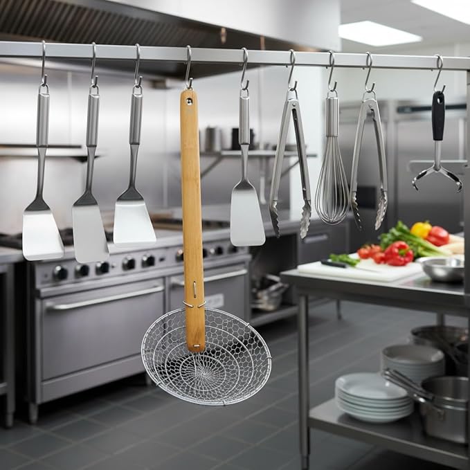 TrueCraftware- 12” Coarse Mesh Skimmer Galvanized Steel with Natural Bamboo Handle- Spider Strainer Ladle Kitchen Frying Food Pasta Spaghetti for Cooking and Frying Pasta Strainer Spoon
