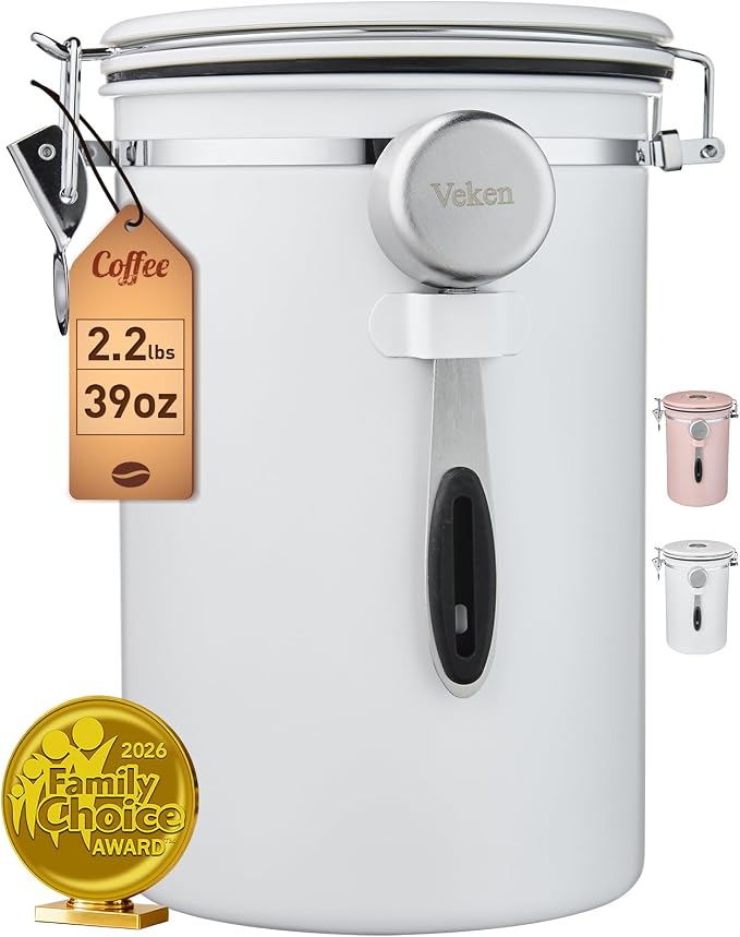 Veken Coffee Canister,39OZ, 2.2lbs,Large Airtight Stainless Steel Container | Date Tracker, Kitchen Food Storage Jars for Beans,Ground, Espresso, Rice,Tea, Sugar, Cereal, Cookie,Gifts, Lids, Scoop, White
