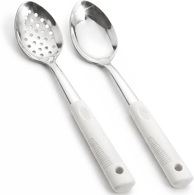 Serving Spoon Set with Silicone Handles,2-Piece spoon | Stainless Steel Serving Spoon, Slotted Spoon & Soup Ladle Set for Buffet and Home Kitchen