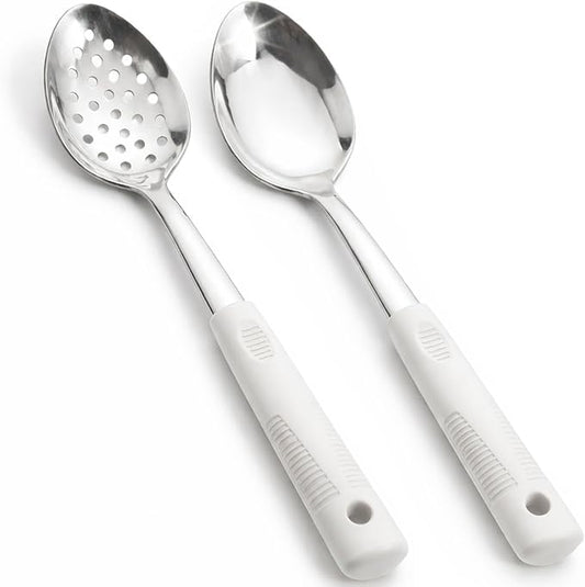Serving Spoon Set with Silicone Handles,2-Piece spoon | Stainless Steel Serving Spoon, Slotted Spoon & Soup Ladle Set for Buffet and Home Kitchen
