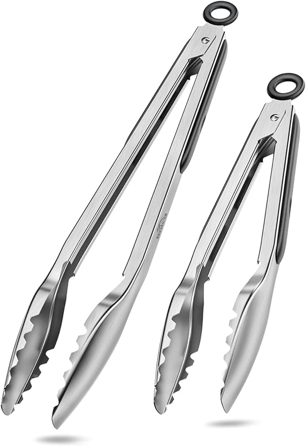 Kitchen Tongs with Teeth for Strong Gripping, 9 and 12-Inch, Black | 5-Layer Heavy Duty Stainless Steel, Good Gripping Teeth Prevent Loss of Food Into The Pot, Pull Lock, Dishwasher Safe, 1500 ℉