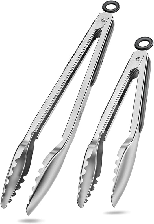 Kitchen Tongs with Teeth for Strong Gripping, 9 and 12-Inch, Black | 5-Layer Heavy Duty Stainless Steel, Good Gripping Teeth Prevent Loss of Food Into The Pot, Pull Lock, Dishwasher Safe, 1500 ℉