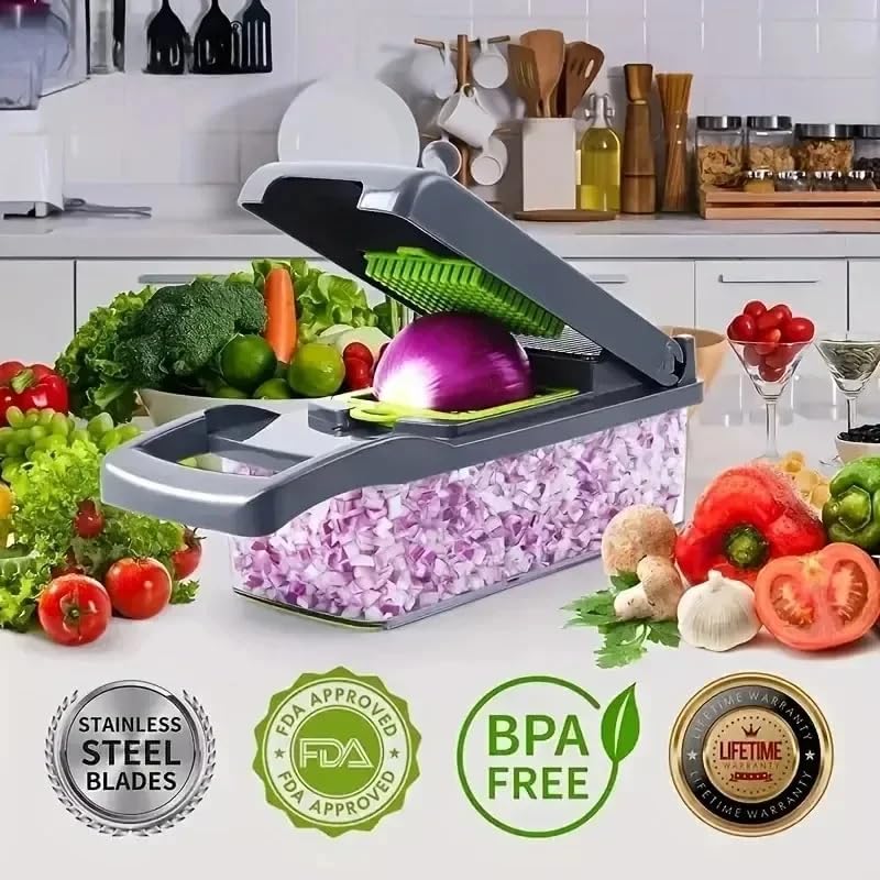 16 in 1 Vegetable Chopper Dicer with Container, Cheese Grater Mandoline Slicer, Stainless Steel Blades, Manual Hand Kitchen Gadget for Onion Potato Fruit